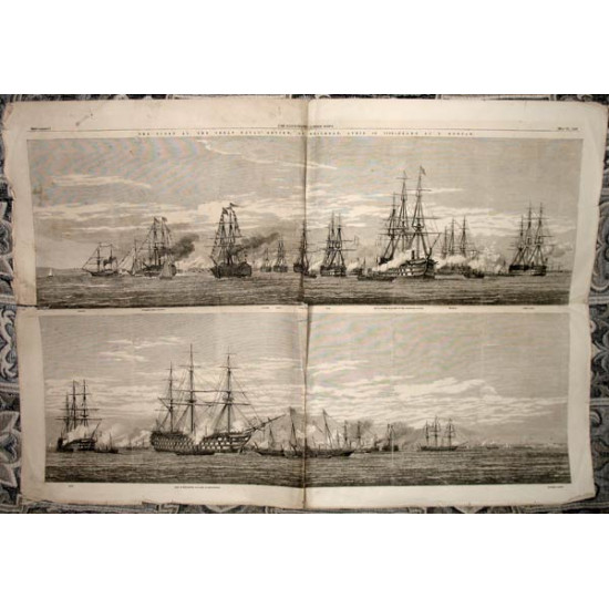 Парад флота Англии, паровые фрегаты, + карта Балтики. 1856. Англия, ксилографии, 83х58 см.!!!