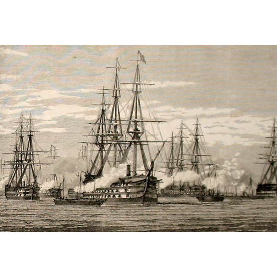 Парад флота Англии, паровые фрегаты, + карта Балтики. 1856. Англия, ксилографии, 83х58 см.!!!