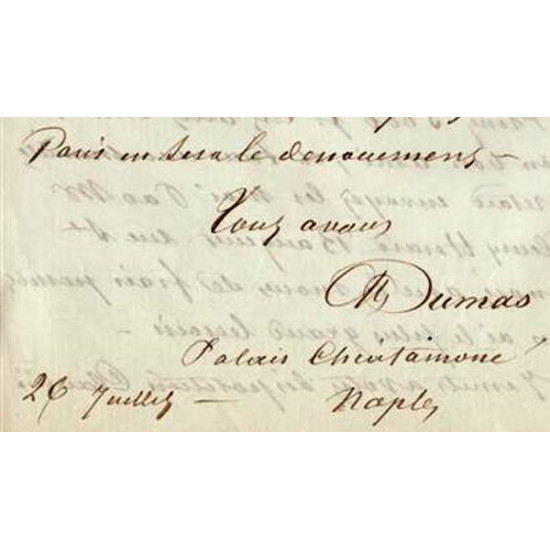 Письмо А.Дюма Питеру Далозу от 2 июля (1862?) о контракте на роман. Оригинал. ПРОДАНО