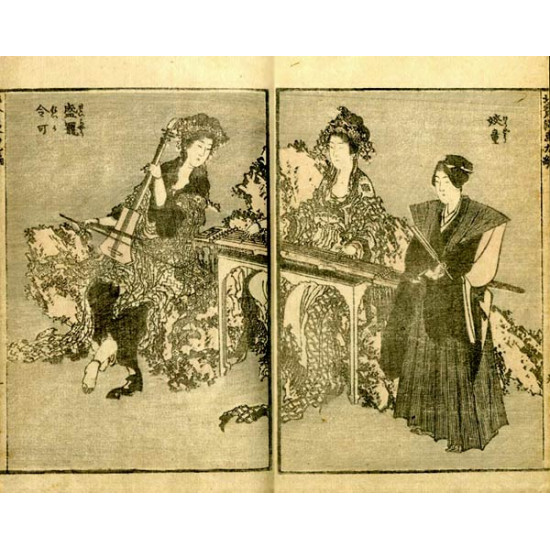 Хокусай Кацусика. Музыканты. Гравюра на дереве. 1830-е. Япония. Оригинал.