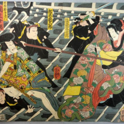 Битва трех отрядов самураев. Ичесай Йшицуйя. Диптих. Япония. 1840-е. Оригинал