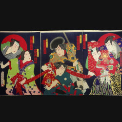 Тиканобу. Кабуки. Пьеса Бандо Тадзюро. Триптих. Япония. 1880-е. Цветная ксилография. ОРИГИНАЛ
